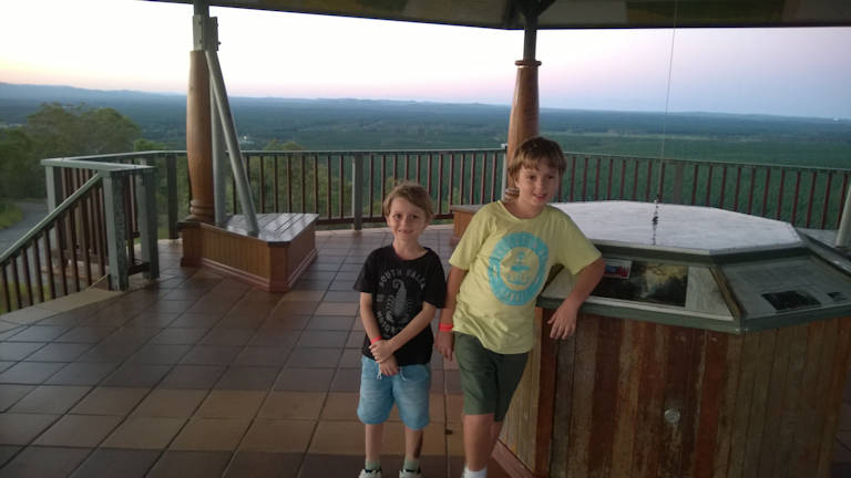 Two boys at the centre of a lookout tower, taken at Wild Horse Mountain Scenic Lookout