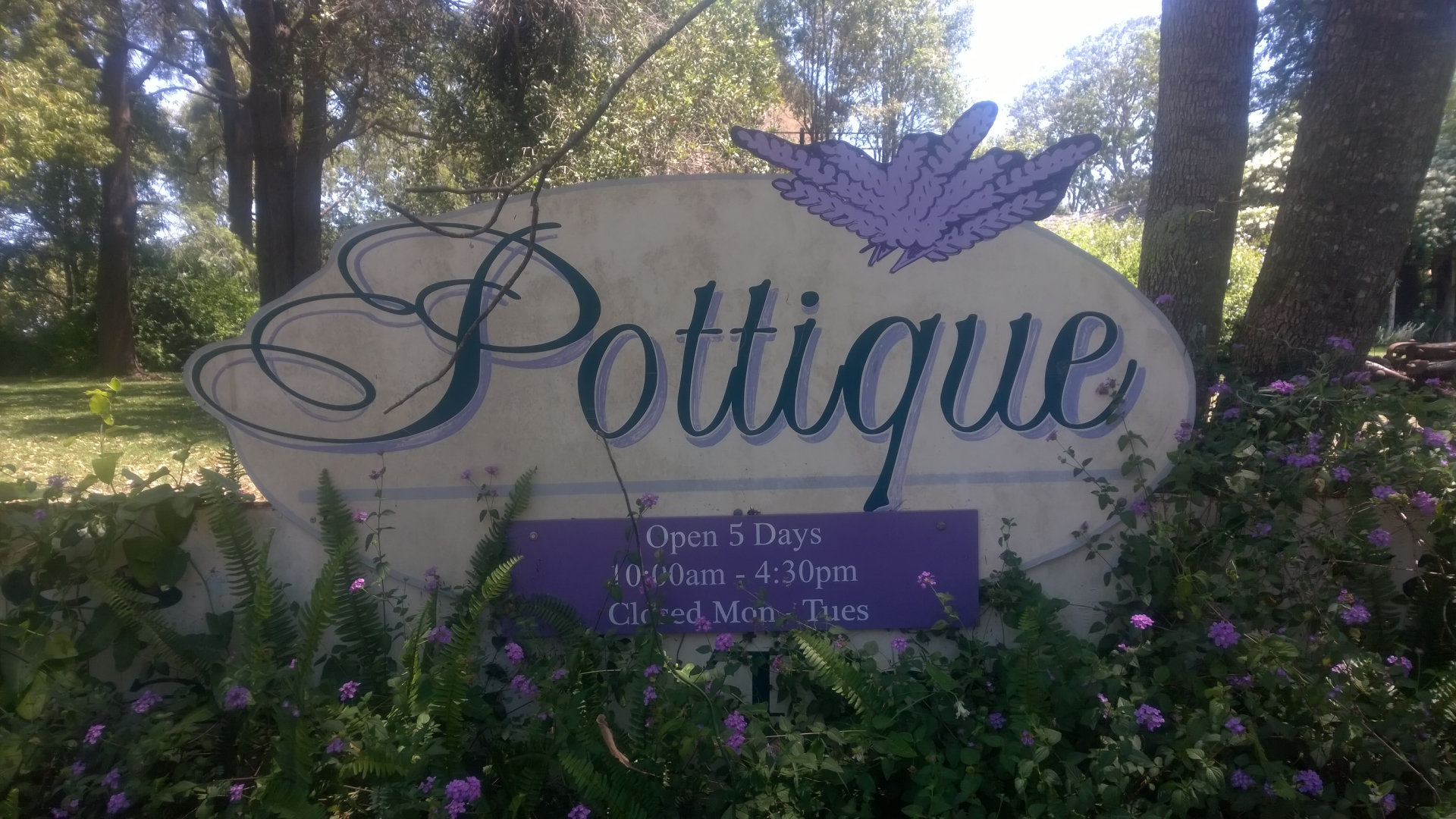 Sign of the Pottique Lavender Farm. Pottique is a cafe and shop with lavender based and other products at Coolabunia near Kingaroy