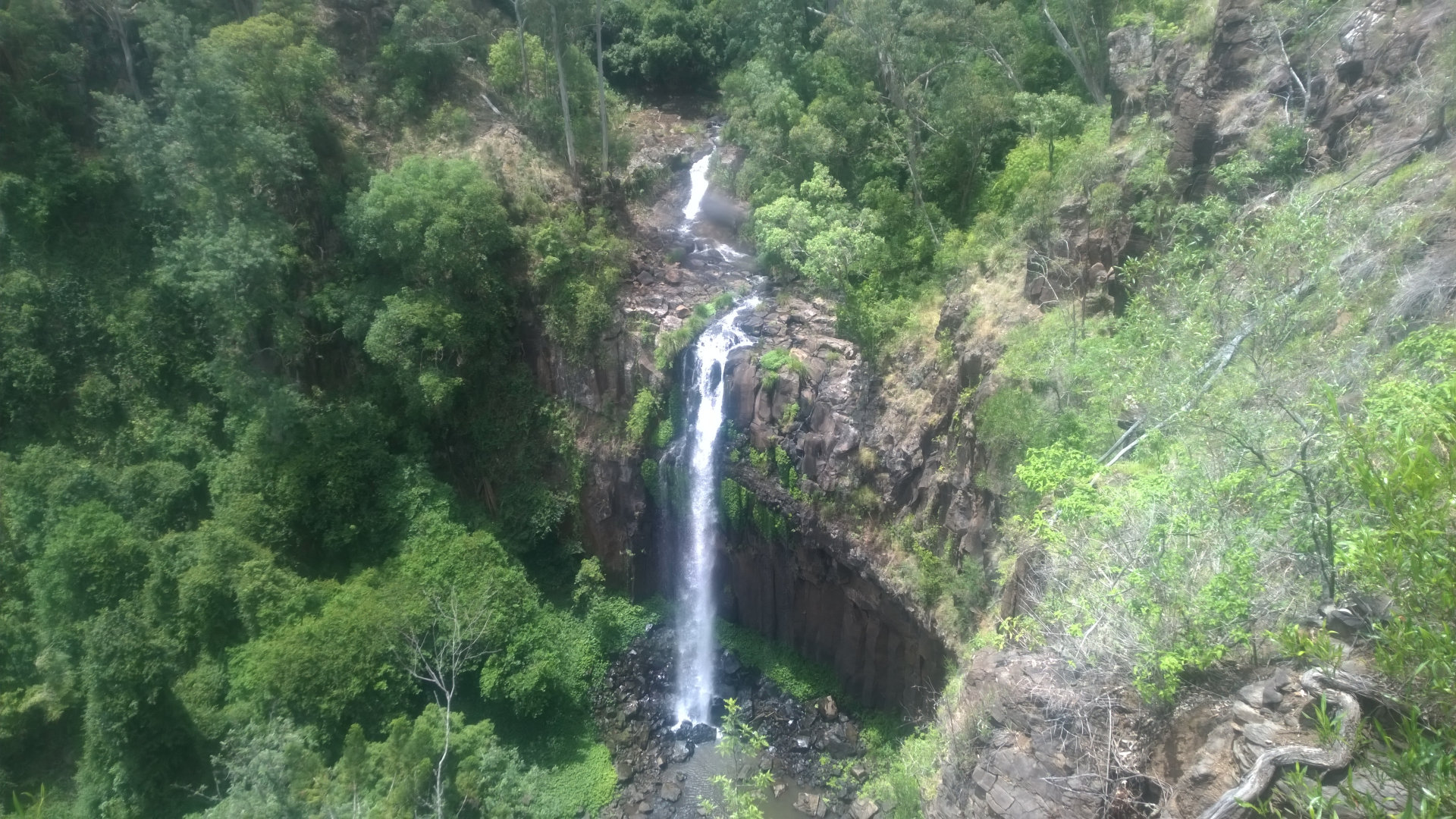 View from lookout platform above Daggs Falls, a plunge waterfall on Spring Creek, the cascading water over the rocks leading to the drop of the falls
