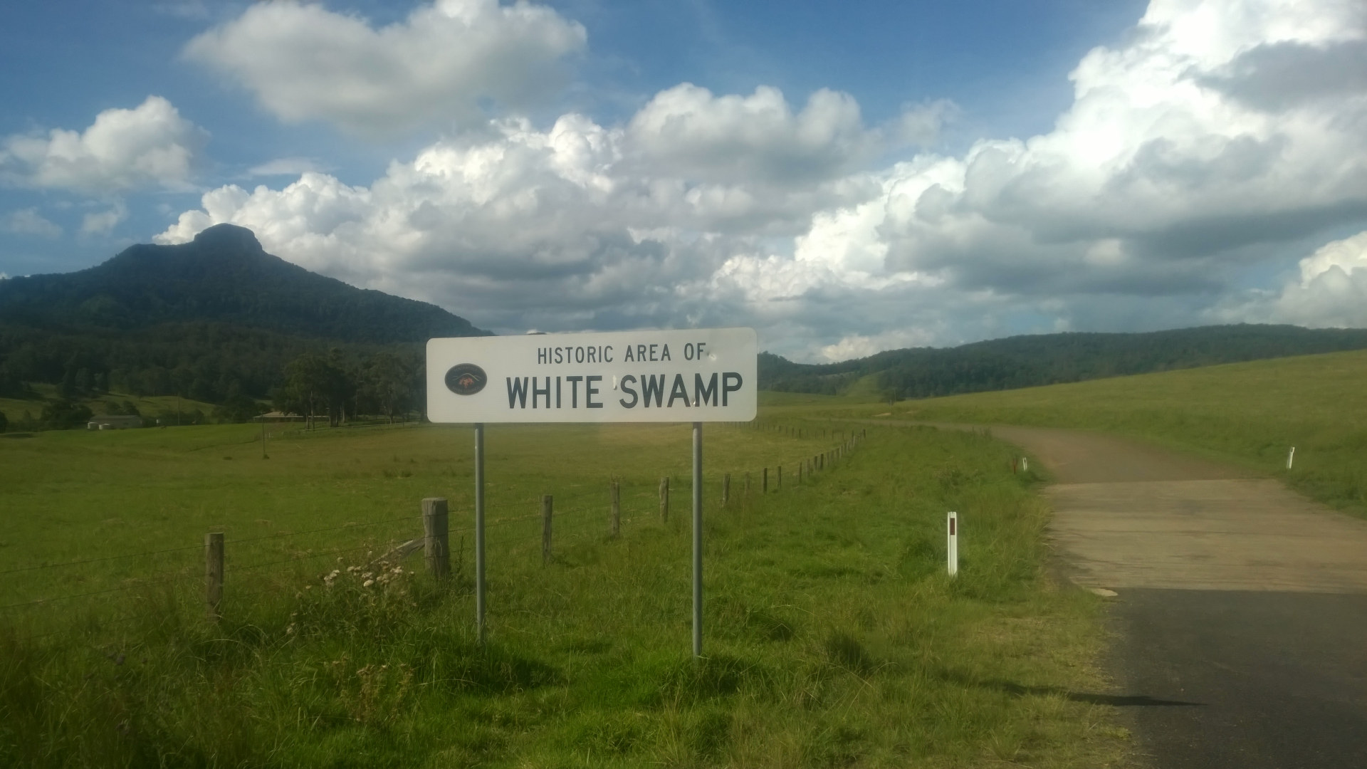 Sign for Historic Area of White Swamp, an area in New South Wales near the Queensland border. Once a village containing two general stores, a post office, school, cemetery, and a timber mill, but is now all but disappeared