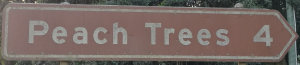 Brown sign for Peach Trees, 4km