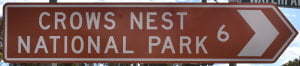 Brown sign for Crows Nest National Park, 6km