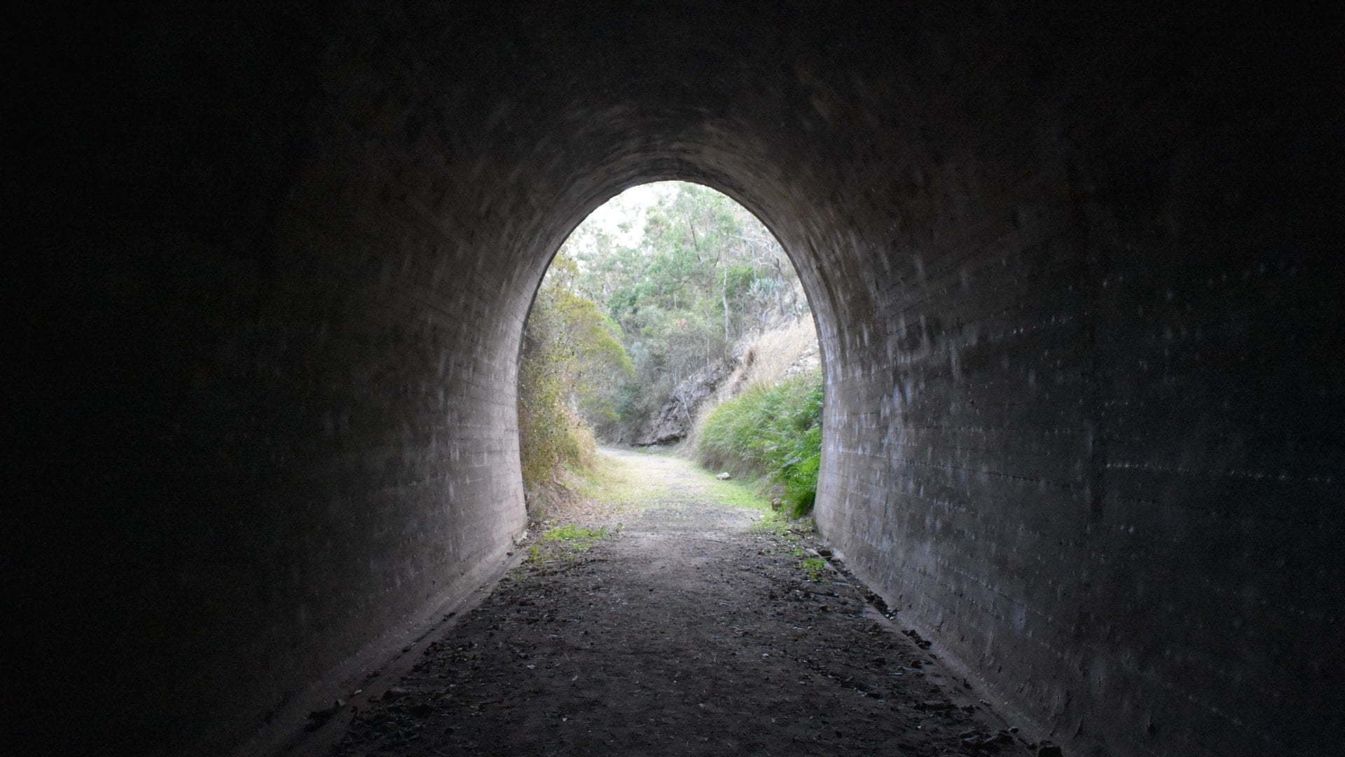 Lookout out from inside the Muntapa Tunnel, Queensland's longest straight railway tunnel that operated between 1913 and 1964, on an old railway line between Oakey and Cooyar