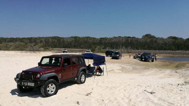 4wd on sand with shelter, at forth lagoon or Welsby Lagoon at Bribie Island