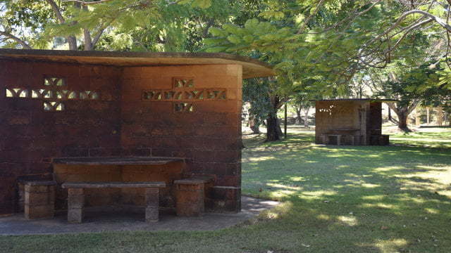 Old style brick picnic table shelter, located at Cania Dam recreational area