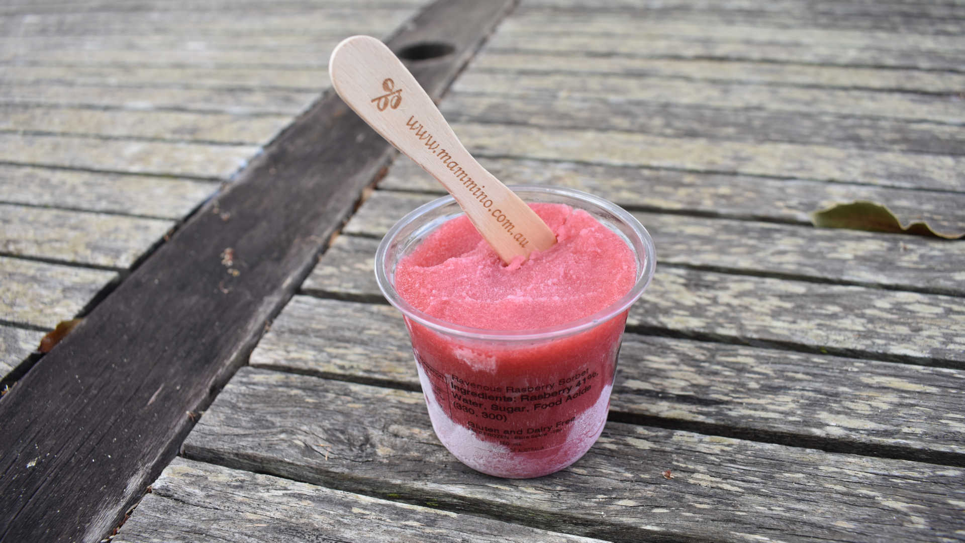 Sorbet cup with wooden paddle stick on a wooden table, at Mammino Gourmet Ice Cream in Childers