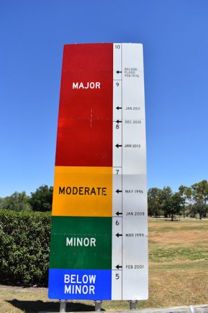 Flood record sign with flood heights in Warwick beside the Condamine River