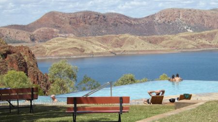 Infinity Pool with Lake Argyle in Western Australia and the surrounding mountains in the background