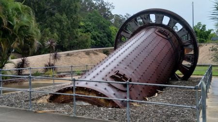 Coral crushing mill, 115 tonnes with 1-inch iron balls for crushing coral, at Rocks Riverside Park in Brisbane