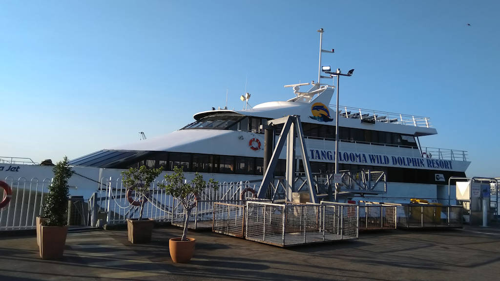 Ferry at the Tangalooma Departures wharf in Pinkenba