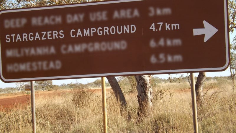 Brown sign at Millstream Chichester National Park showing Stargazers Campground