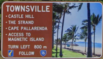 Brown sign for Townsville, Castle Hill, The Strand, Cape Pallarenda, Access to Magnetic Island