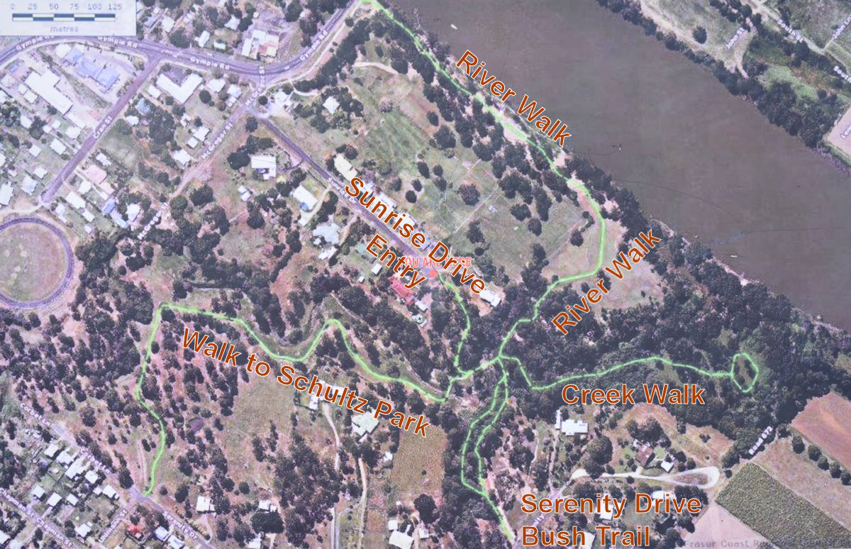 Map of the Pioneer Park in Maryborough showing the trails through the reserve
