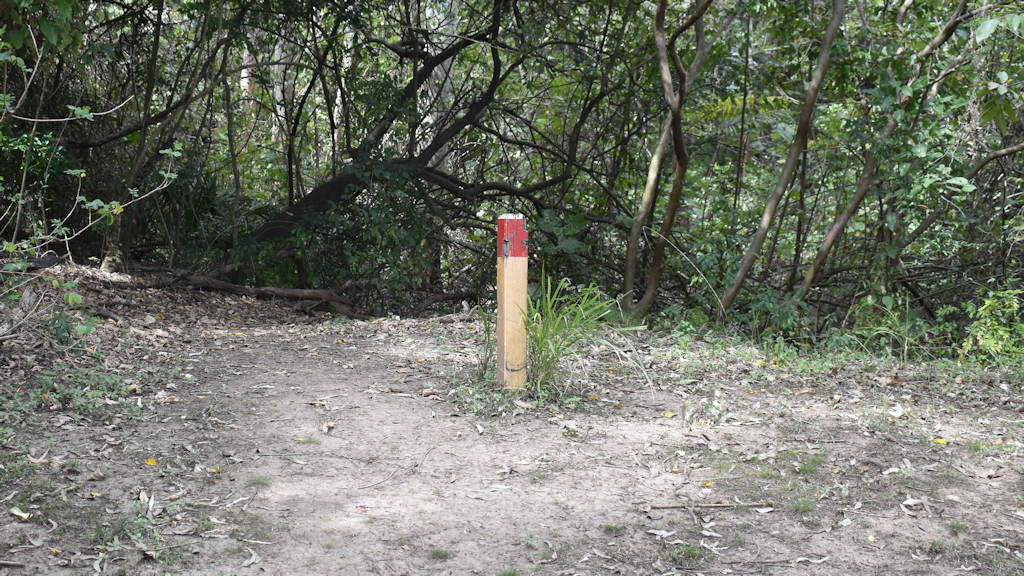 Post with a red band at Pioneer Park in Maryborough, located where the Creek Walk starts