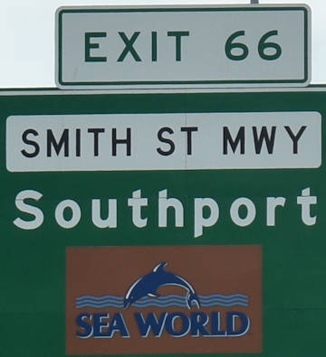 Brown sign for Sea World, Exit 66, Smith St Mwy, Southport