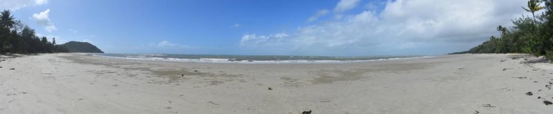 Panorama photo of Myall Beach in Cape Tribulation in the Wet Tropics of the Daintree National Park