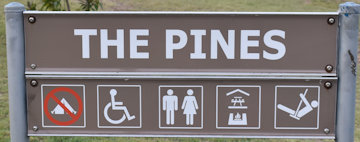 Brown sign for The Pines, symbols for no camping, wheelchair friendly, toilets, sheltered picnic tables, playground
