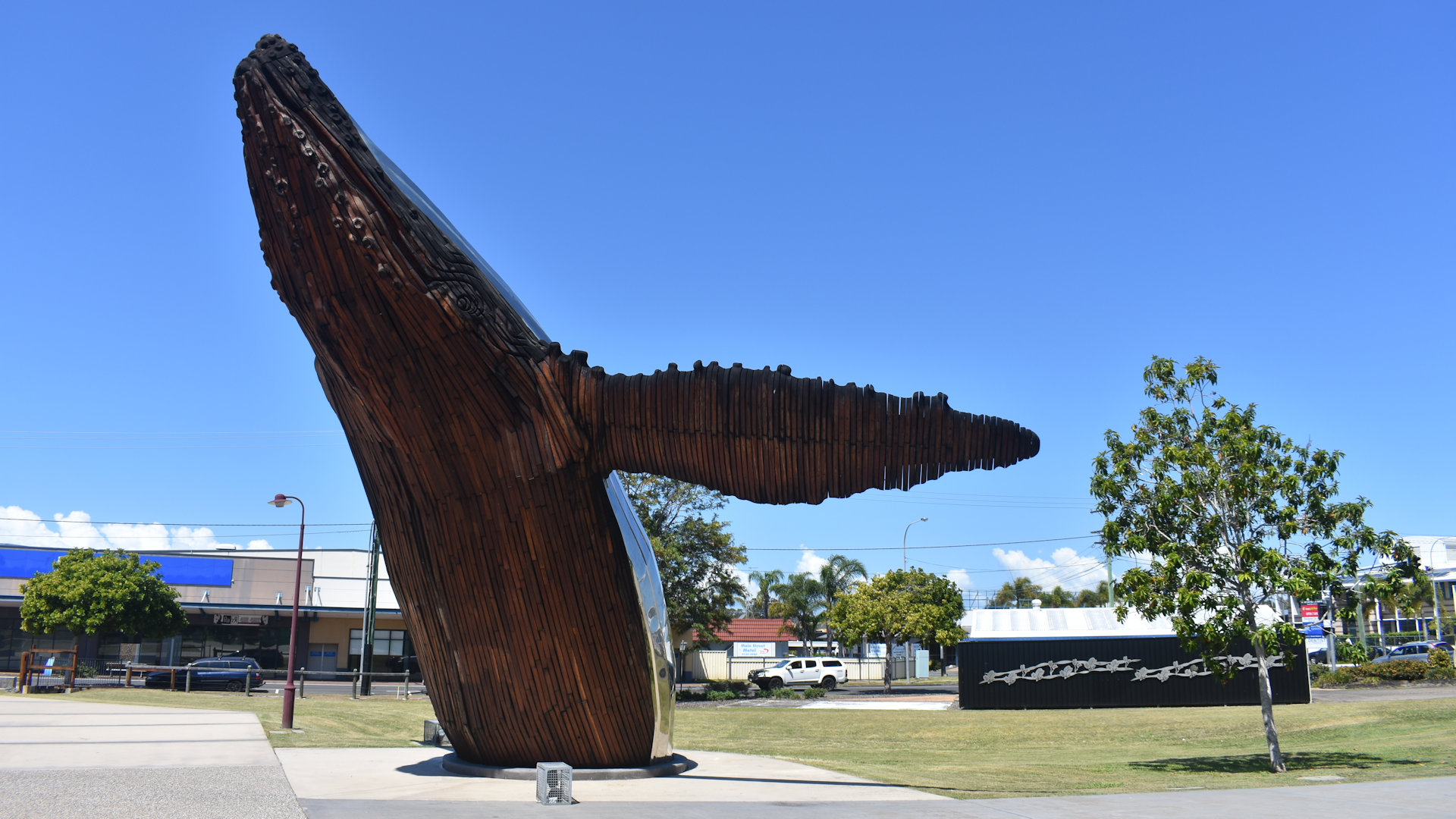 The Big Whale breaching, made of red ironbark timber and stainless steel