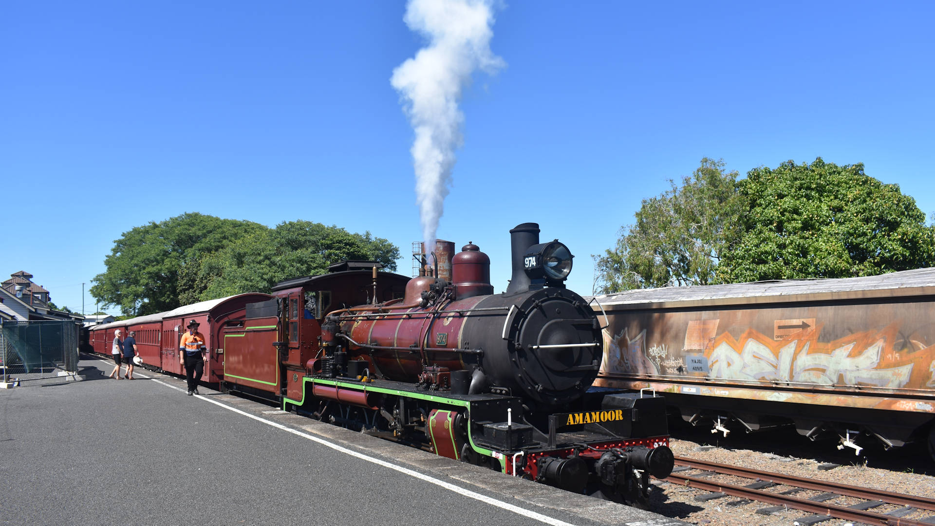 Steam engine venting steam, Class C17 Amamoor at Gympie's Mary Valley Rattler