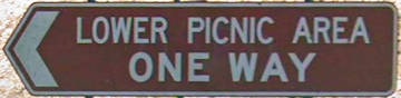 Brown sign for Lower Picnic Area, One Way