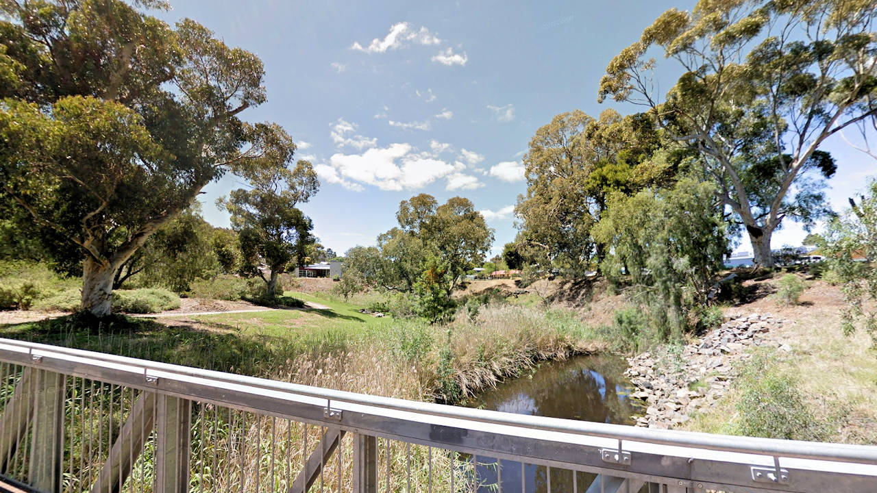 Looking along North Para River from a bridge on the Scenic River Paths in Gawler