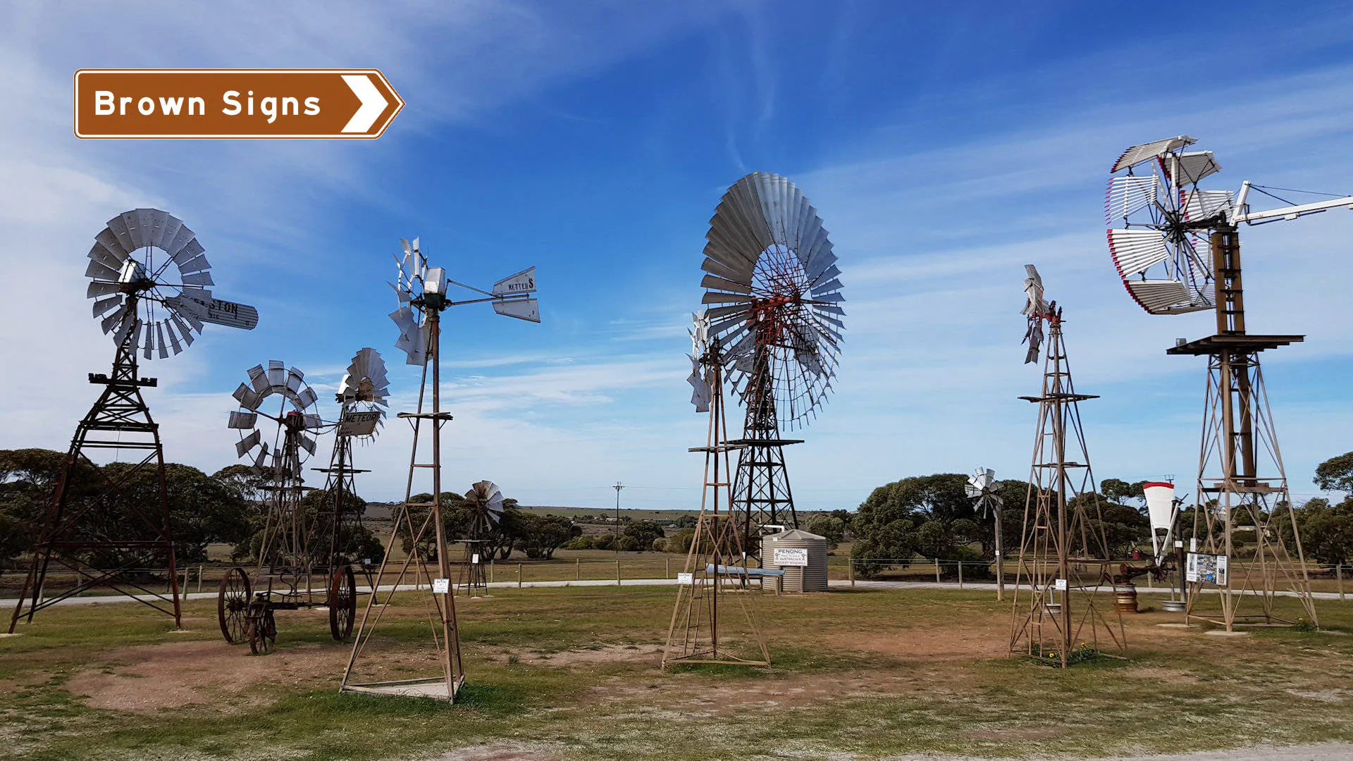 Collection of windmills at the Windmill Museum in Penong South Australia, including the Big Windmill, Australia's biggest windmill and one of the big things